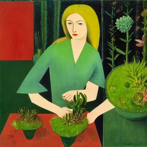 Prompt: painting by Max Ernst of a beautiful blonde woman with shoulder length hair in a forest green dress putting colorful succulents into rainbow pots at a square table