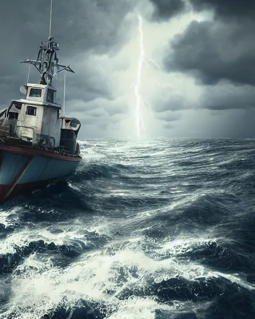 Prompt: establishing shot of a fishing boat on stormy seas, a gigantic star destroyer spaceship flying overhead, stormy weather, dramatic lighting, unreal engine, hyper realism, realistic shading, cinematic composition, realistic render, octane render, detailed textures, photorealistic, ultrawide shot, 16mm lens