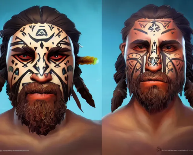 Image similar to sea of thieves character portrait concept art for a tribal native man with polynesian tattoos on his face and a nose ring, cgsociety, trending on artstation, rare ltd,