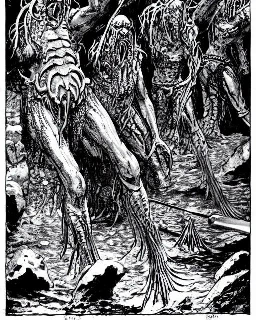 Prompt: fishmen with weapons worship a statue of cthulu in a large water - filled cavern. black and white line art, drawn by moebius, peter mullen, niklas brandt