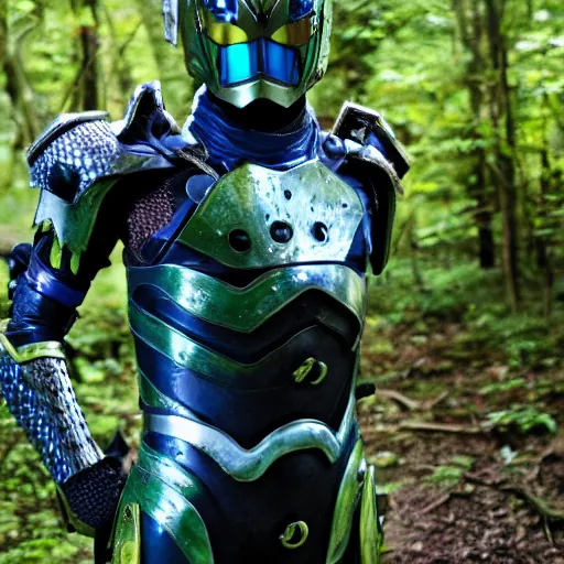 Prompt: High Fantasy Kamen Rider, glowing eyes, 4k, forest plains of north yorkshire, daytime, chainmail rubber undersuit, segmented armor, dark blue armor with green secondary color, tokusatsu