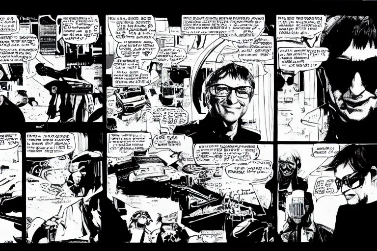 Image similar to bill gates, presenting the microsoft xbox at ces 2 0 0 1, a page from cyberpunk 2 0 2 0, style of paolo parente, style of mike jackson, adam smasher, johnny silverhand, 1 9 9 0 s comic book style, white background, ink drawing, black and white