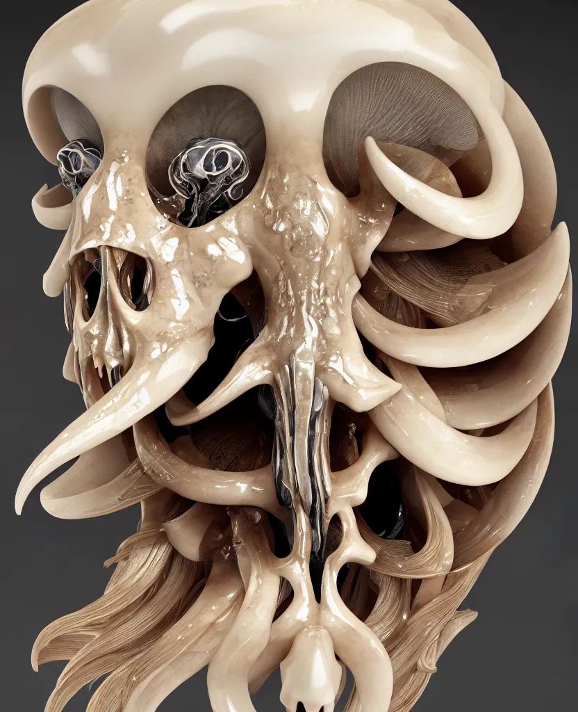 Image similar to goddess princess face close-up portrait ram skull. sculpture made of polished gold and matte obsidian. jellyfish phoenix head, nautilus, orchid, skull, betta fish, bioluminiscent creatures, intricate artwork by Tooth Wu and wlop and beeple. octane render, trending on artstation, greg rutkowski very coherent symmetrical artwork. cinematic, hyper realism, high detail, octane render, 8k