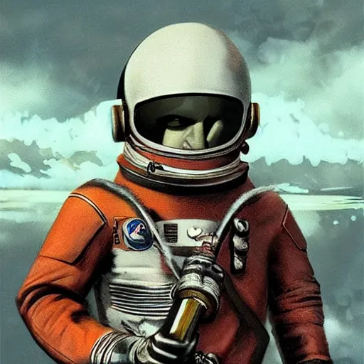 Image similar to [Leather and rust cosmonaut holding a checkered flag, very detailed, cinematic lighting, matte, sharp, photography, art by enki bilal]