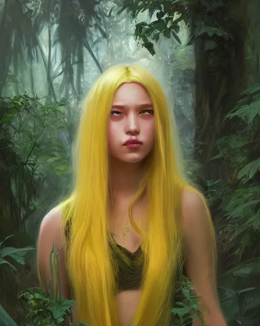 Prompt: wizard girl with long yellow hair wearing a dress in a jungle, beautiful girl, digital art, drawing, by artgerm, by wlop, by jeremy lipking, by greg rutkowski, trending on artstation, octane render, anime style, highly detailed face