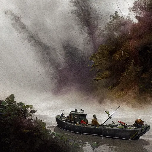 Image similar to jungle river army patrol boat tail of a crashed plane in the water, moody ambience, fog, smoke, dramatic, painting by mullins, repin, mucha, zorn, 4 k, trending on artstation