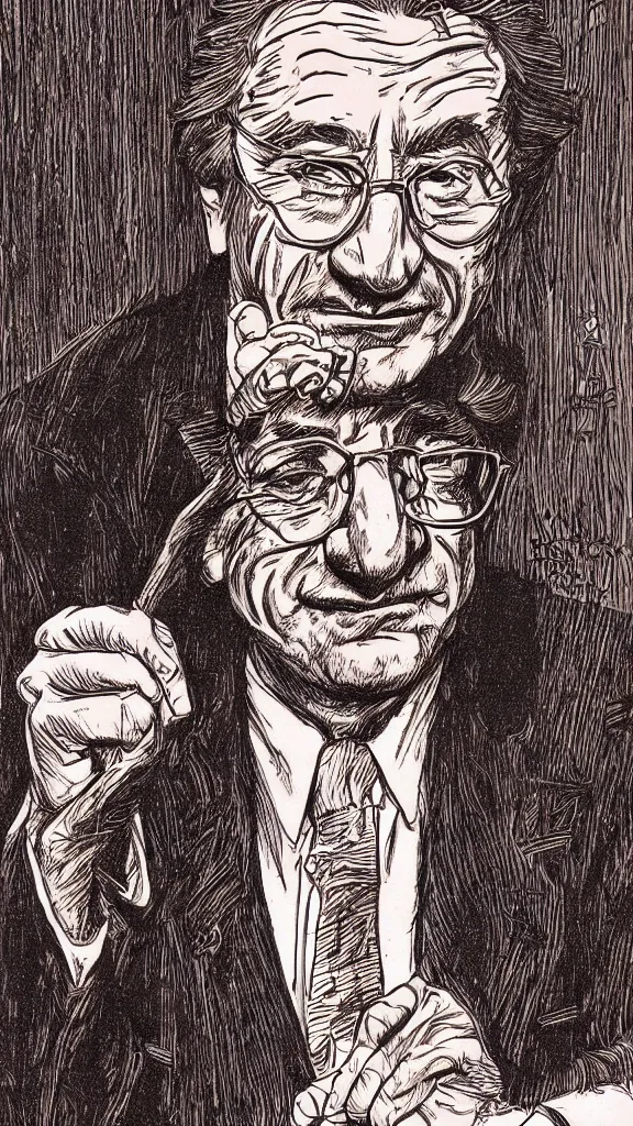 Image similar to a portrait of Robert Deniro drawn by Robert Crumb