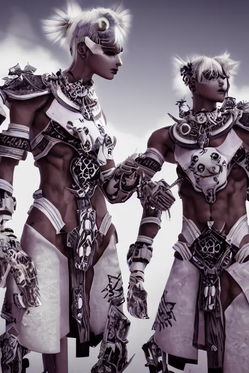 Image similar to white cyborg fashion shot, male maasai punk warriors, fractal decorations, savannah background, unreal engine, trending on artstation,