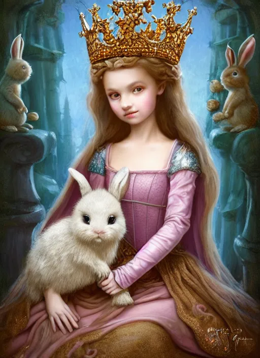 Image similar to highly detailed closeup portrait of a fairytale medieval princess wearing a crown and sitting on a throne, surrounded by cute bunnies, unreal engine, nicoletta ceccoli, mark ryden, earl norem, lostfish, global illumination, god rays, detailed and intricate environment