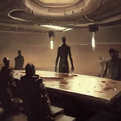 Image similar to concept art by greg rutkowski, a very tall, and slender man with short black hair, sitting with the crew in the ship's dining room, brutalist futuristic interior, dark lighting atmosphere, detailed portraits, nostalgic atmosphere, scifi, digital painting, artstation, concept art, smooth, sharp foccus ilustration, artstation hq