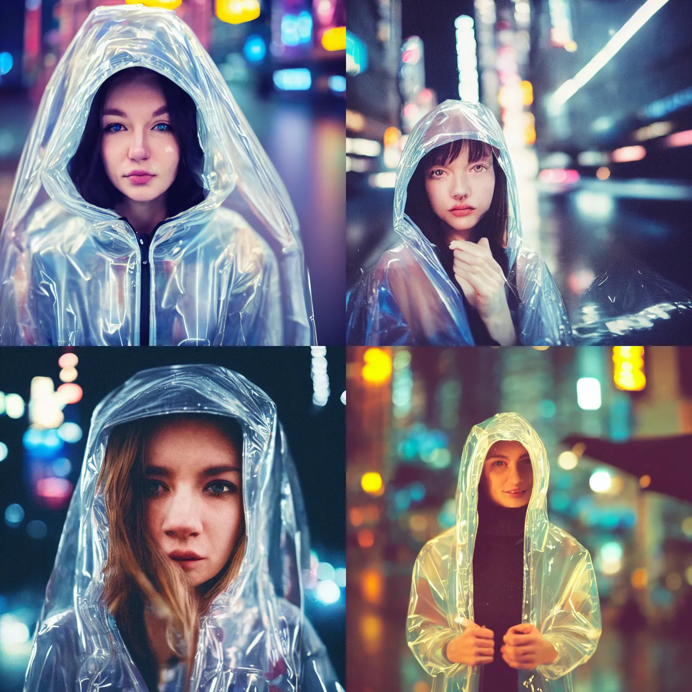 Prompt: A frontal face photography of Caucasian woman wearing a transparent raincoat with hoodie on. Rainy night. Aesthetic Tokyo Retro. cyberpunk city night photography city. close up. kodak ektar film. Depth of field. whirl bokeh!!. detailed. hq. realistic. Moody. Filmic!!. lens flare. Leica M9, Canon EOS R3, f/1.4, Film grain!!, 1/160s, 8K, RAW, unedited, symmetrical balance, in-frame