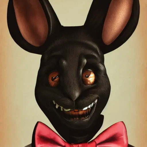 Image similar to A extremely highly detailed majestic hi-res beautiful, highly detailed head and shoulders portrait of a scary terrifying, horrifying, creepy black cartoon rabbit with a bowtie and scary big eyes, earing a shirt laughing, hey buddy, let's be friends, in the style of Walt Disney