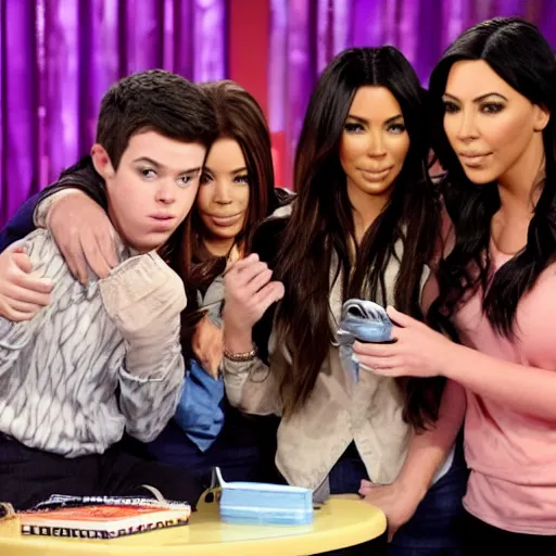 Image similar to Icarly with kim kardashian as Carly, 8k full HD photo, cinematic lighting, anatomically correct, oscar award winning, action filled, correct eye placement,