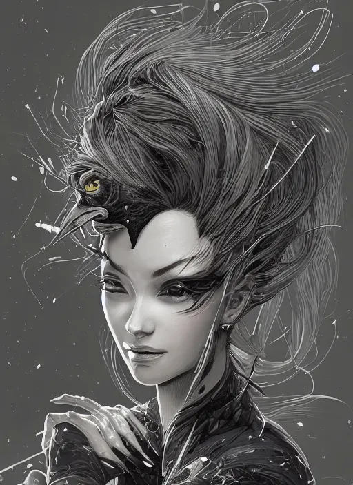 Prompt: beauty woman with a crows nest on her head, cruelty, black crows, light effect, hyper detailed, intricate, elegant, highly detailed, digital painting, rule 3 4, artstation, concept art, matte, sharp focus, illustration, by dan mumford, yusuke murata, makoto shinkai, ross tran