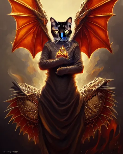 Image similar to A cat with dragon wings, digital art, intricate fire designs, elegant, highly detailed, sharp focus, art by Artgerm and Greg Rutkowski and WLOP