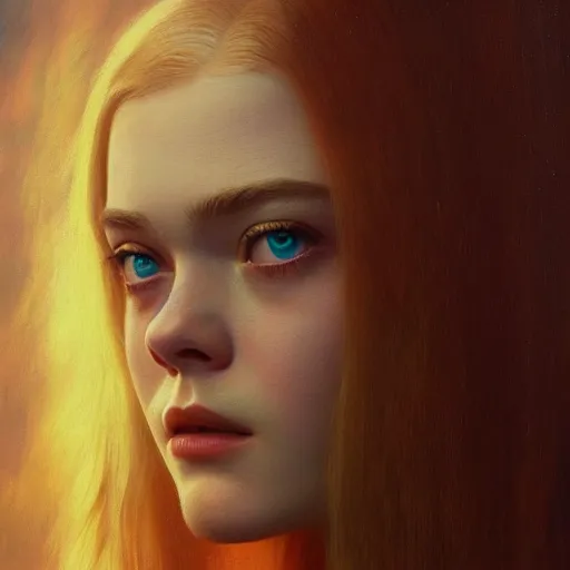 Prompt: ultra realistic medium shot masterpiece portrait painting of elle fanning in the painted world of prey and bruce pennington, apocalypse, cosmic horror, artstation, art by frank frazetta, 4 k, ultra realistic, highly detailed, epic lighting