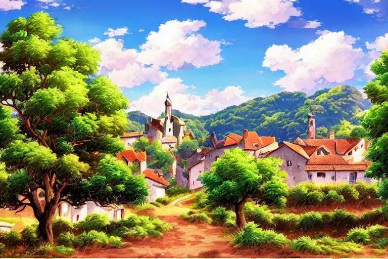 Prompt: Very beautiful french countryside painting by City Hunter anime HD and Naïve Art HD and Toei animation backgrounds, nice lighting, soft and clear shadows, low contrast, perfect