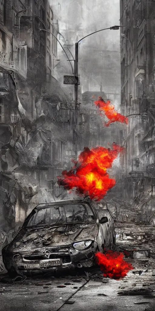 Prompt: post - apocalyptic kreuzberg streets, burned cars, explosions, colorful smoke, hyperrealistic, gritty, damaged, dark, urban photography, photorealistic, high details