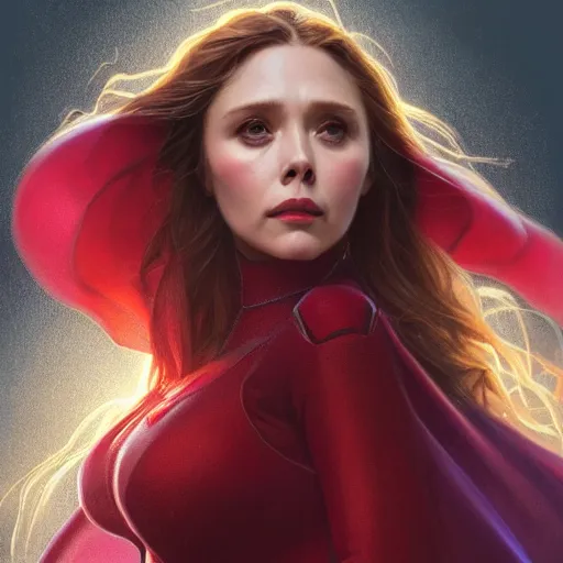 Prompt: ultra realistic illustration, elizabeth olsen as scarlet witch, intricate, elegant, highly detailed, digital painting, artstation, concept art, smooth, sharp focus, illustration, art by artgerm and greg rutkowski and alphonse mucha