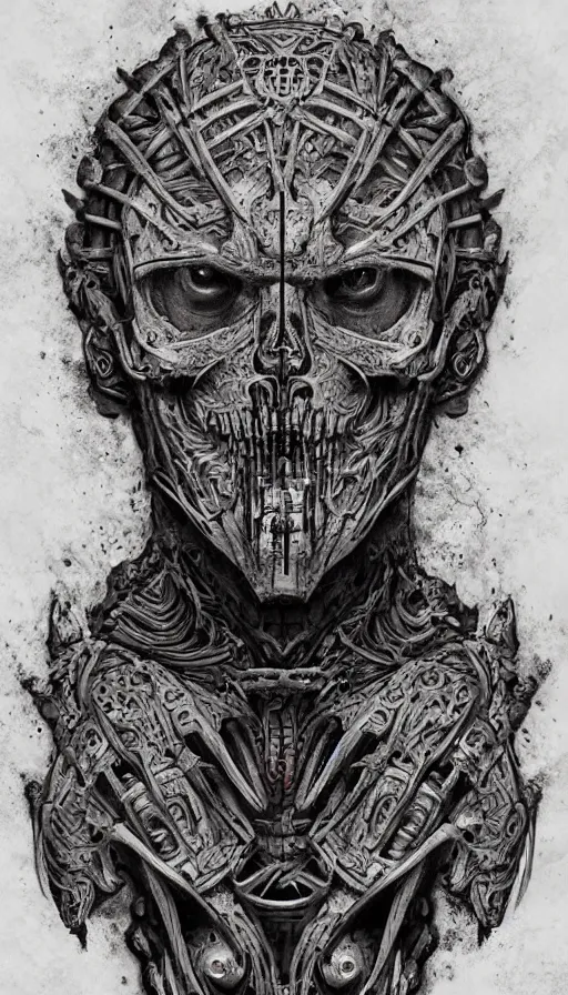 Prompt: ancient biomechanical hybrid aztec fantasy beautiful undead symmetrical human face skull mask tattoo pattern concept, teonanacatl glyph, intricate artwork by, Johnatan Wayshak, Zdizslaw Beksinski, face by Artgerm, H.R. Giger, very coherent artwork, cinematic, hyper realism, high detail, octane render, unreal engine, 8k, High contrast, higly detailed black ink outline, crosshatch sketch gradient