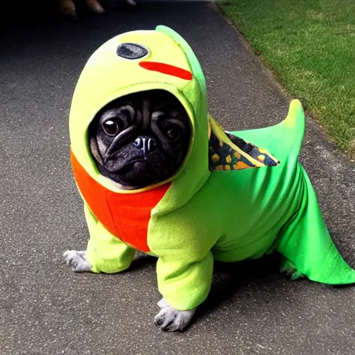 Image similar to a pug wearing a dinosaur costume, photo