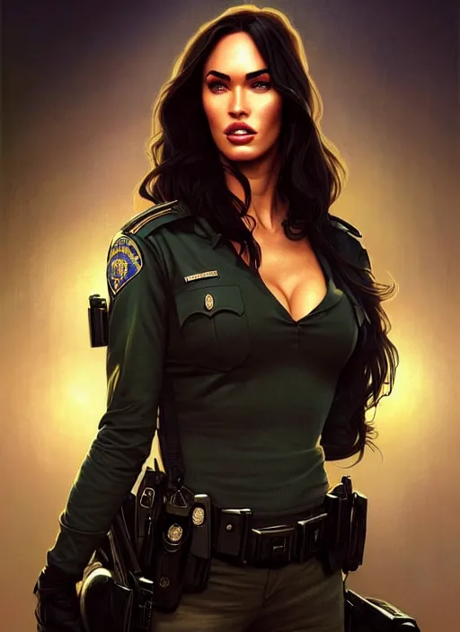 Image similar to portrait of megan fox as police officer, uniform, intricate, headshot, highly detailed, digital painting, artstation, concept art, sharp focus, cinematic lighting, illustration, art by artgerm and greg rutkowski, alphonse mucha, cgsociety