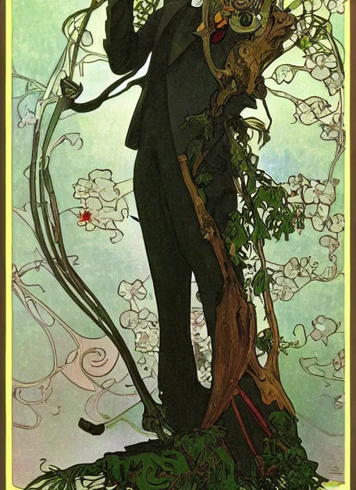 Prompt: painting of an anthropomorphic tree wearing a tuxedo, holding a sword in each hand, digital art, highly detailed, photorealistic, inspired, creative, by alphonse mucha