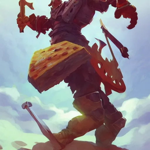 Image similar to battle toast, a slice of toasted bread with a face, arms and legs, holding a sword and shield, volumetric lighting, dynamic composition, fantasy, hyper detailed, ultra realistic, sharp focus, octane render, concept art by sachin teng and sergey kolesov and ruan jia and heng z