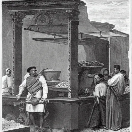 Prompt: a man working a food stand in ancient rome