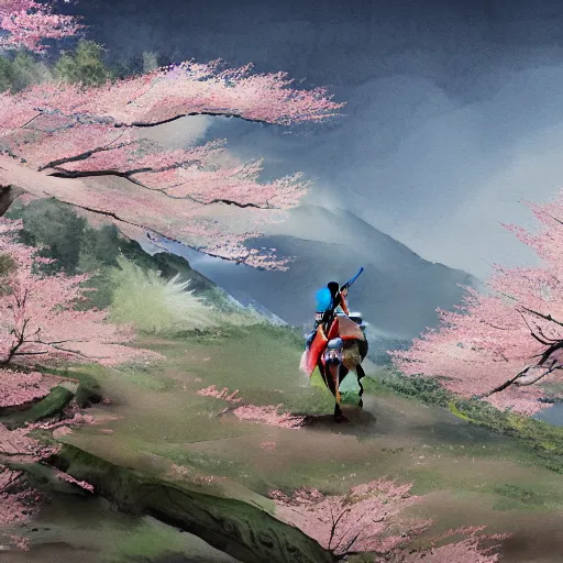 Image similar to A lone samurai watching over a valley of cherry blossom trees, water color painting, concept art, HD —width 1408