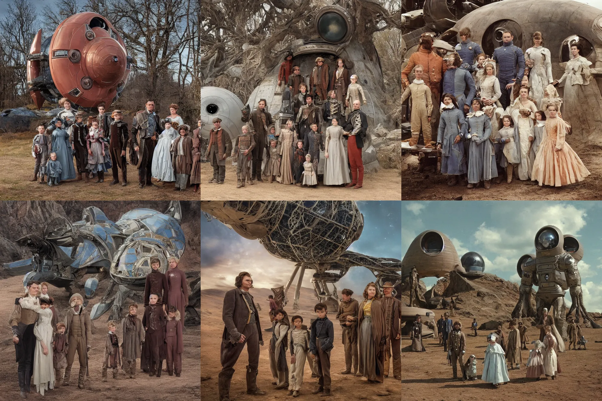 Prompt: highly detailed, 256777216k film still from a sci fi blockbuster color movie made in 2019, set in 1860, of a family standing in front of a spaceship that has just landed on an alien planet, a humanoid alien creature stands nearby, the family are all wearing 1860s era clothes, good lighting, good photography, ultra high definition