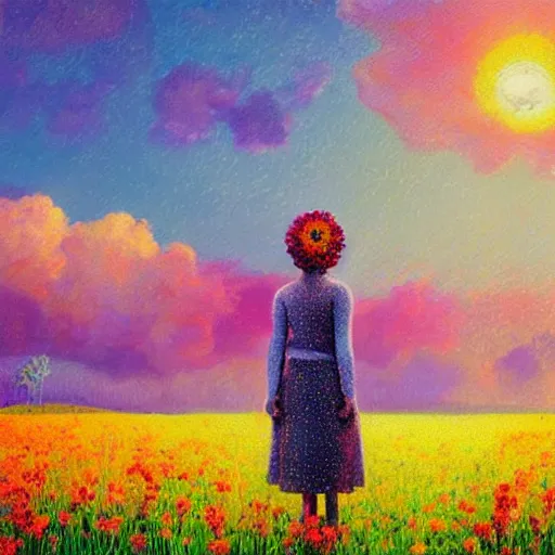 Prompt: large flower head, girl standing in a flower field, surreal photography, sunrise dramatic light, impressionist painting, colorful clouds, digital painting, pointillism, artstation, simon stalenhag