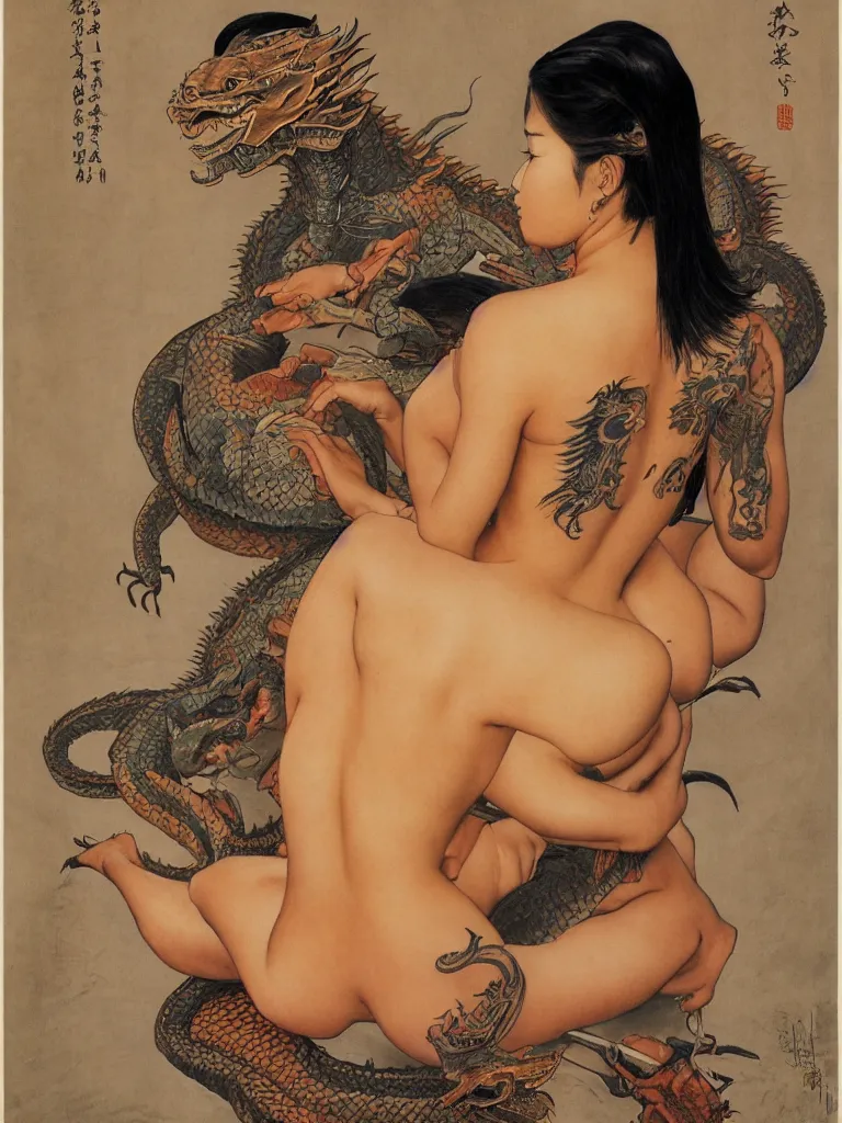 Prompt: a full figure Portrait of a beautiful asian girl with a tattoo of a dragon on her back sitting in a temple by Norman Rockwell