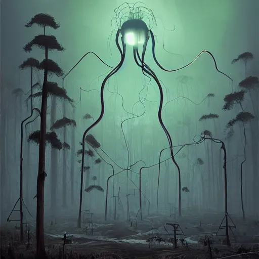 Image similar to giant eldritch horror, simon stalenhag, war of the worlds, forest