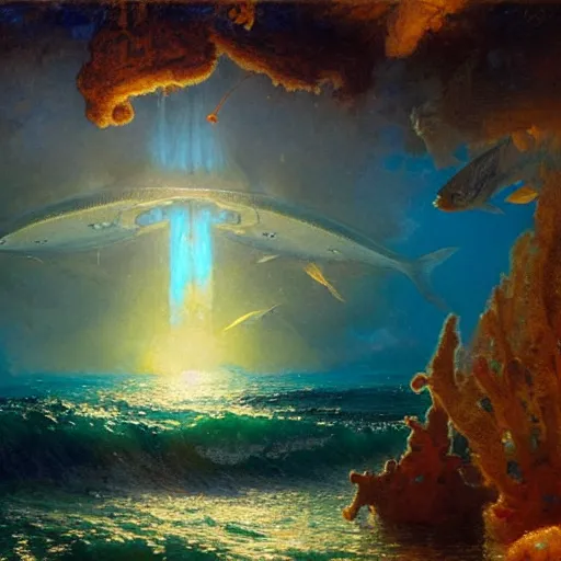 Image similar to point of view of deep in the ocean looking up, you see fishes, higher up you see the splendorous milk way illuminating the sea. highly detailed painting by gaston bussiere, greg rutkowski 8 k