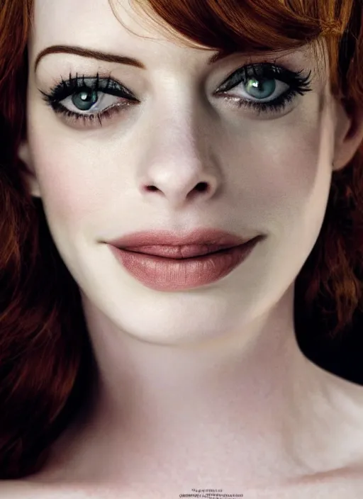 Image similar to portrait of beautiful christina hendricks and anne hathaway hybrid by mario testino, headshot, detailed, award winning, sony a 7 r