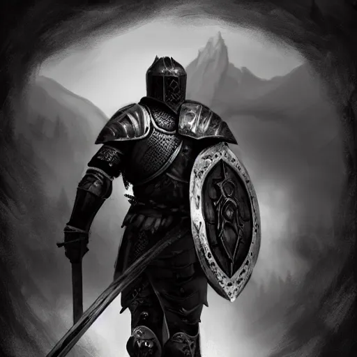 Image similar to Silhouette of a male warrior wearing knight armor holding a sword and shield, facing away towards a mountain in the distance, digital art, digital painting, matte painting, very beautiful, highly detailed, fantasy artwork, dnd