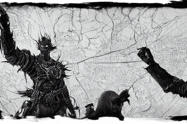 Prompt: an intricate and dramatic sketch of an evil tyrant who is pointing out a location on the wall map, hyperdetailed, 80mm lens, by Greg Rutkowski and guweiz, white ink sketch on black paper