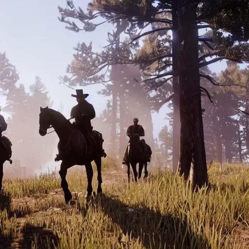 Image similar to in-game screenshot of Red Dead Redemption 2, 3d render, Unreal Engine, octane render, ray tracing, Unity, highly detailed, high quality, HD, 4k, 8k, realistic, sharp, trending