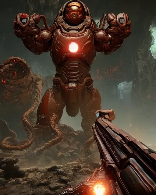 Prompt: gameplay of doom eternal, ambient lighting, concept art, intricate, hyper detailed, smooth, action, volumetric lighting, 3 d render, unreal, octane