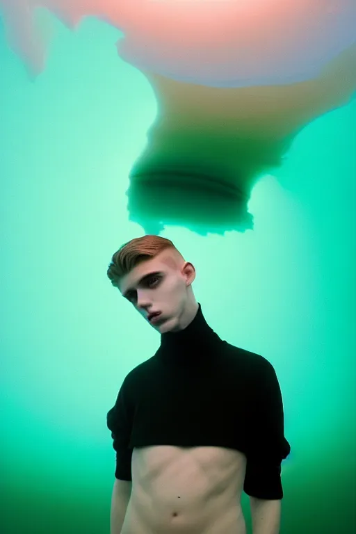 Image similar to high quality pastel coloured film mid angle portrait photograph of a beautiful young 2 0 year old male, soft features, short hair, perspex mask and oversized inflated clothing!!!! icelandic black! rock pool environment. atmospheric three point light. photographic. art directed. ( pastel colours ). volumetric. clearcoat. waves. 8 k. filmic.