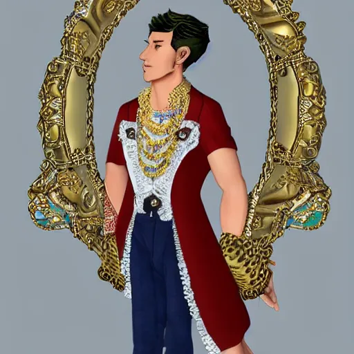 Prompt: a character model design of a very handsome young man wearing excessive jewelry in an ornate and elegant way