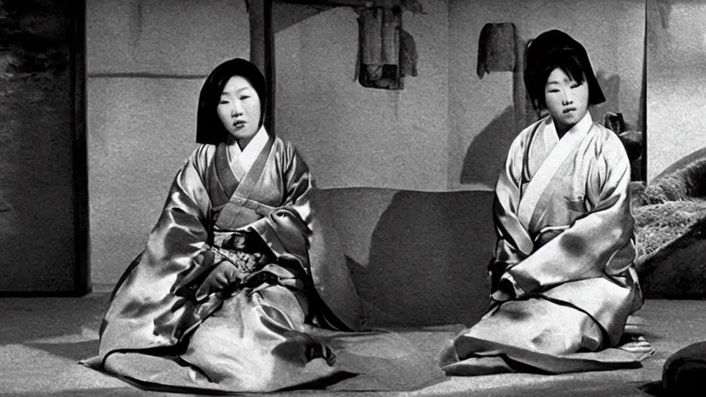 Image similar to shadow of a monstrous starfish behind a woman in hanbok sitting on a couch, traditional korean interior, in rashomon a kaiju - eiga monster movie by akira kurosawa and ishiro honda