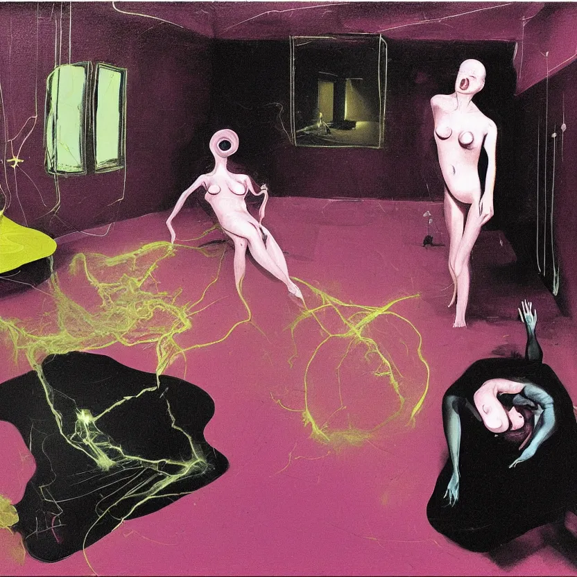 Image similar to One man and one woman attached by love in a living room of a house, floating dark energy surrounds the middle of the room. There is one living room plant to the side of the room, surrounded by a background of dark cyber mystic alchemical transmutation heavenless realm, cover artwork by francis bacon and Jenny seville, midnight hour, part by adrian ghenie, part by jeffrey smith, part by josan gonzales, part by norman rockwell, part by phil hale, part by kim dorland, palette knife texture, paint drip, muted cold colors, artstation, highly detailed