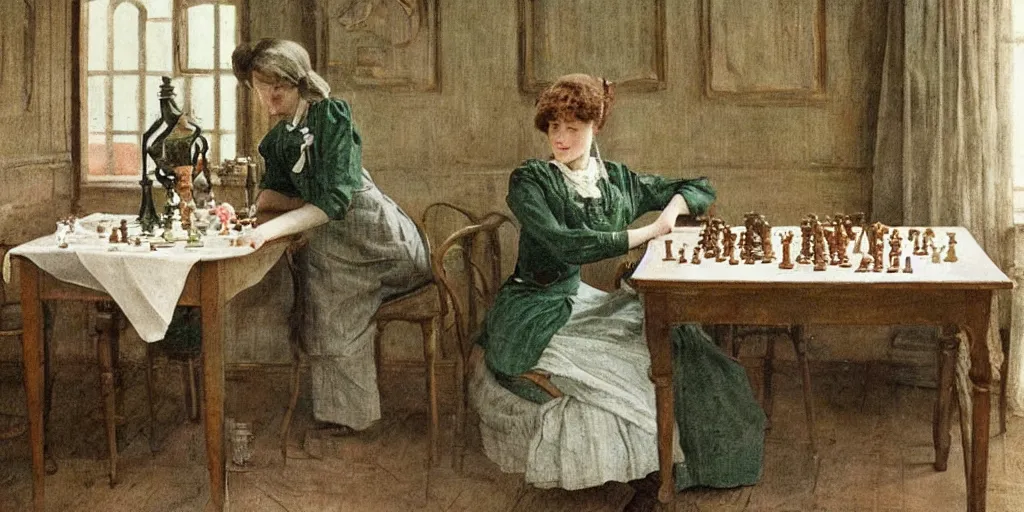 Image similar to a young edwardian woman wearing a green blouse and grey skirt sits by a chessboard at a table, in the style of carl larsson