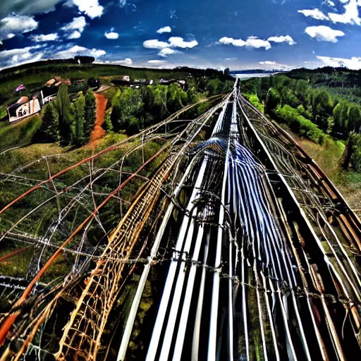 Image similar to a rollercoaster, tracks of barbed wire, birds eye view, hyperrealistic, fisheye