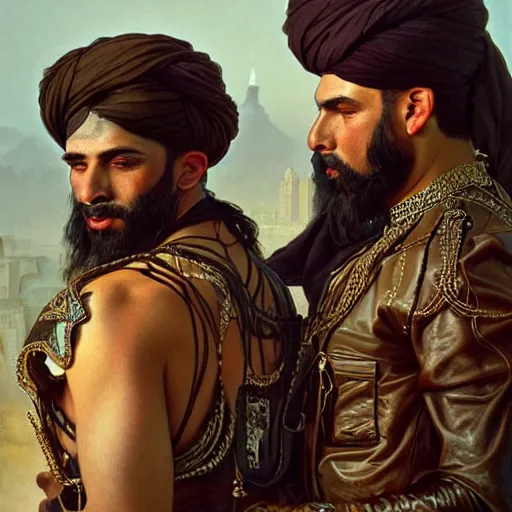 Prompt: portrait of taliban and leather men at gay pride in brighton, real life skin, intricate, elegant, highly detailed, artstation, concept art, smooth, sharp focus, art by artgerm and greg rutkowski and alphonse mucha