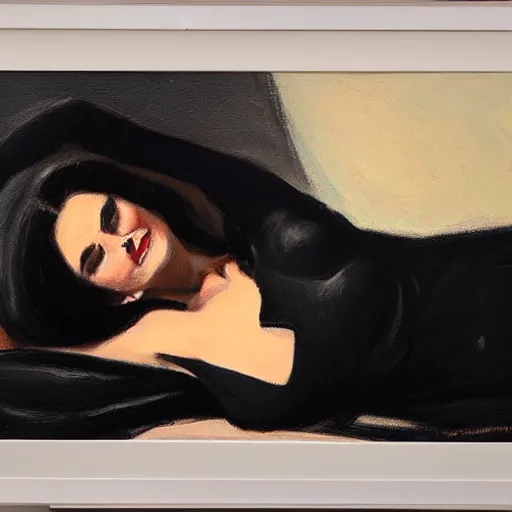 Prompt: Ground Level Shot, medium shot of a dark haired woman wearing a black dress, on a bed. by fabian perez