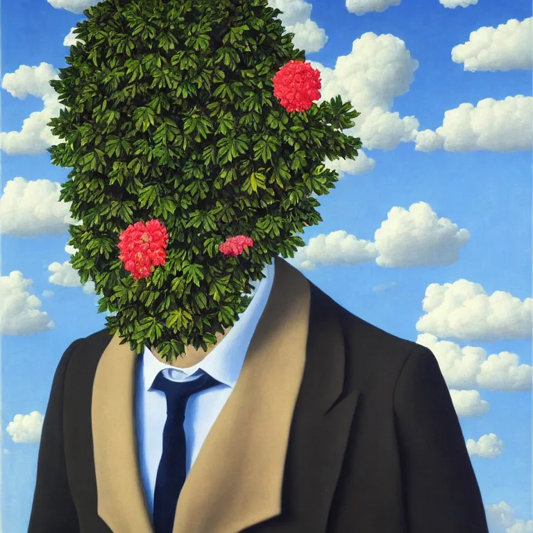 Prompt: portrait of man in a suit with flowers hiding his face by rene magritte and clouds in the background, detailed painting, hd, hq, high resolution, high detail, 4 k, 8 k