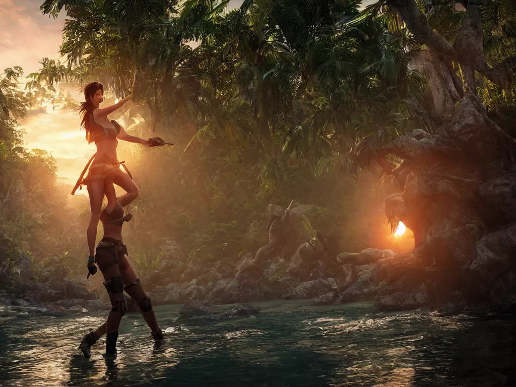 Prompt: Lara Croft walking through shallow water, hair tied and braided loosely, jungle gown, sunset, dramatic angle, hopeless, dynamic pose, dolphins jumping in the background, 8k hdr pixiv dslr photo by Makoto Shinkai ilya kuvshinov and Wojtek Fus